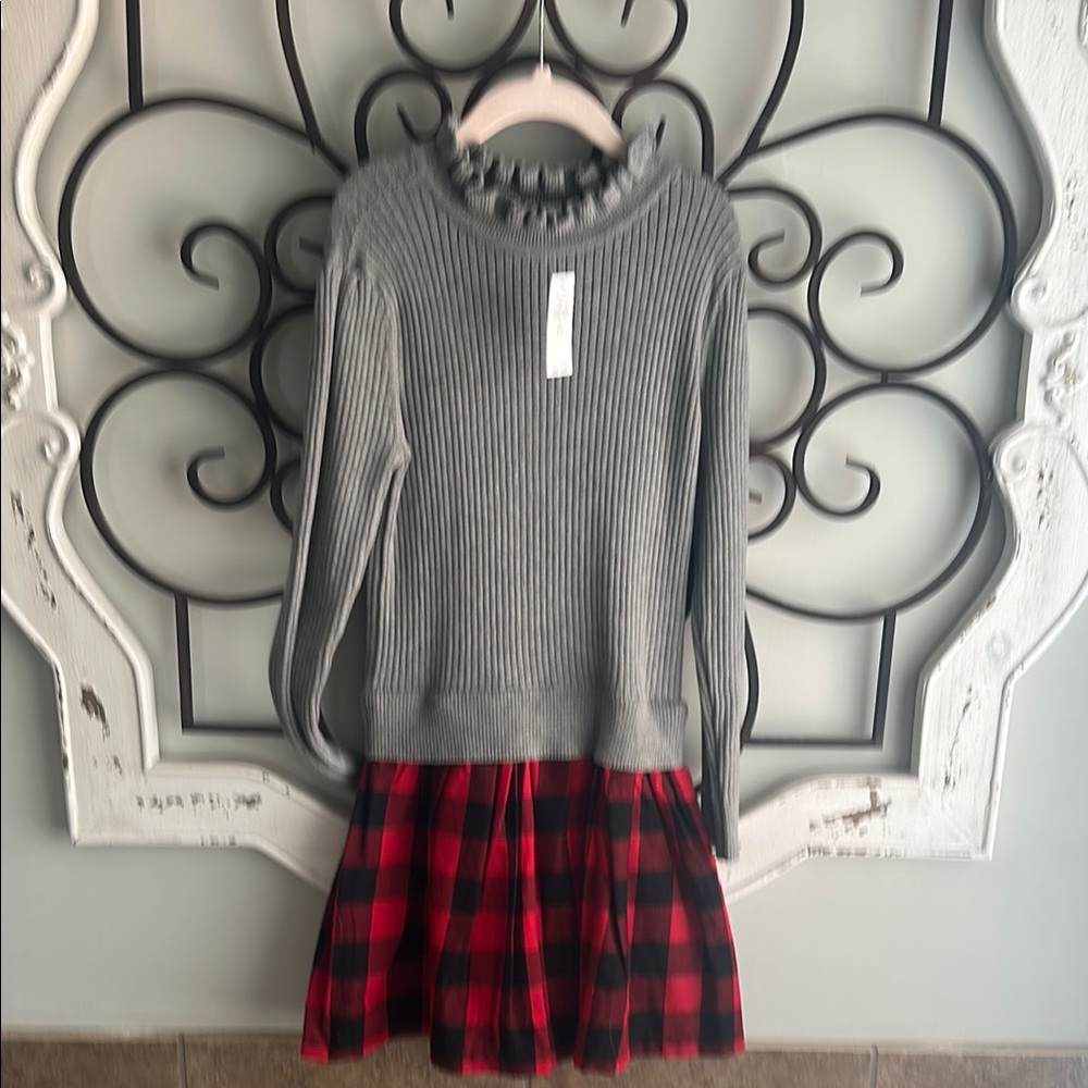Gap Gray Sweater with Red Plaid Skirt